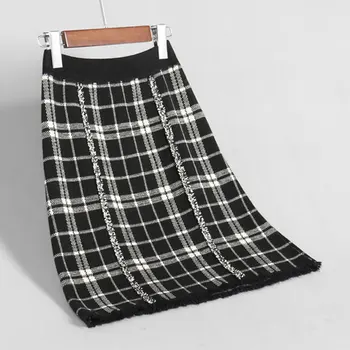 

Faldas Mujer 2019 Autumn A-Line Skirts Womens High Waist Plaid Kint Skirts Women Midi Skirts Elegant Jupe Femme Saia Streetwear