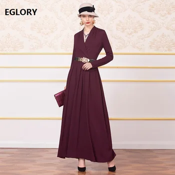 

High Quality Brand New 2019 Autumn Winter Long Evening Vestidos Women V-Neck Long Sleeve Wine Red Long Maxi Dress Plus Size 4XL