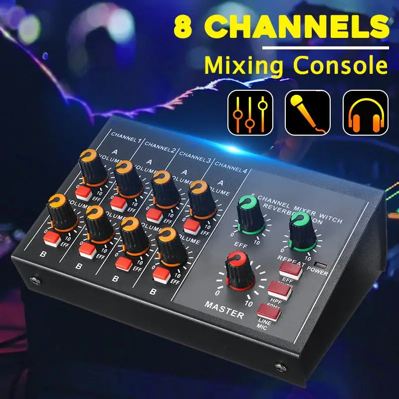 

8 Channel Karaoke Mixer Professional Studio Audio DJ Mixing Console Amplifier Digital Mini Microphone Sound Mixer Sound Card