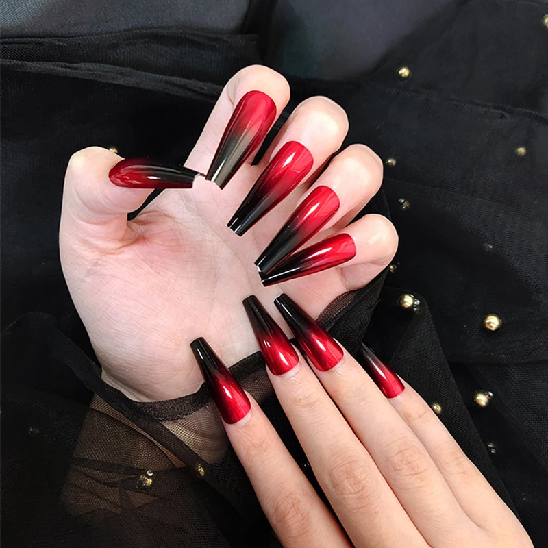 European Red Black Gradient Fake Nails Extra Long Ballerina Artificial Full  Nail Art Tip With Glue Coffin Shaped Press On Nails - False Nails -  AliExpress