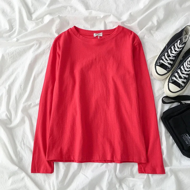 Осенняя хлопковая Повседневная футболка Для женщин модные однотонные большого размера, с длинным рукавом пуловер женский синий/зеленый/розовый Топы топы, футболки - Цвет: red