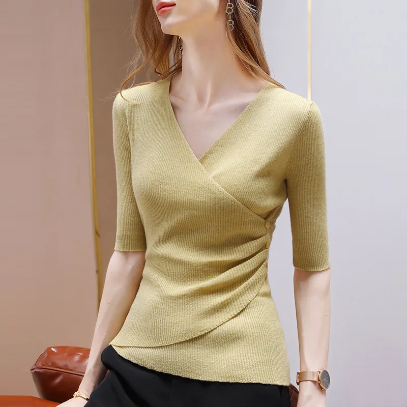 Wool Knitted Bottomless Women's Spring and Autumn 2021 New Women's Mid-sleeve Sweater Design Feel Waist Top Dropshipping argyle sweater Sweaters