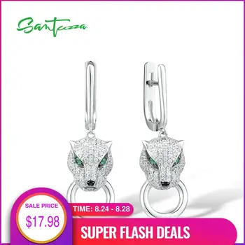 SANTUZZA Silver Earrings For Women Pure 925 Sterling Silver Dangle Panther Earrings Long Cubic Zirconia brincos Fine Jewelry