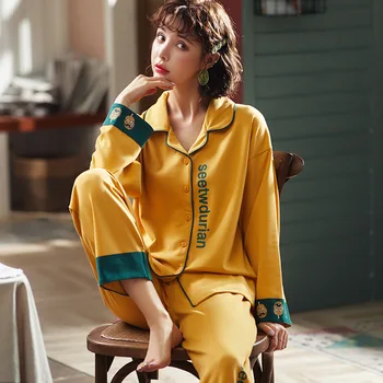 

Sexy Homewear 2019 Spring Autumn Women Pajamas Sets With Pants Cotton Pijama Sleepwear Pyjama Nightwear Yellow Loose Nightsuits