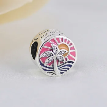 

Original 925 Sterling Silver Enamel Beads Sunset Beach Pink Coconut Tree Charms Fit Pandora Bracelet Necklace Women DIY Jewelry