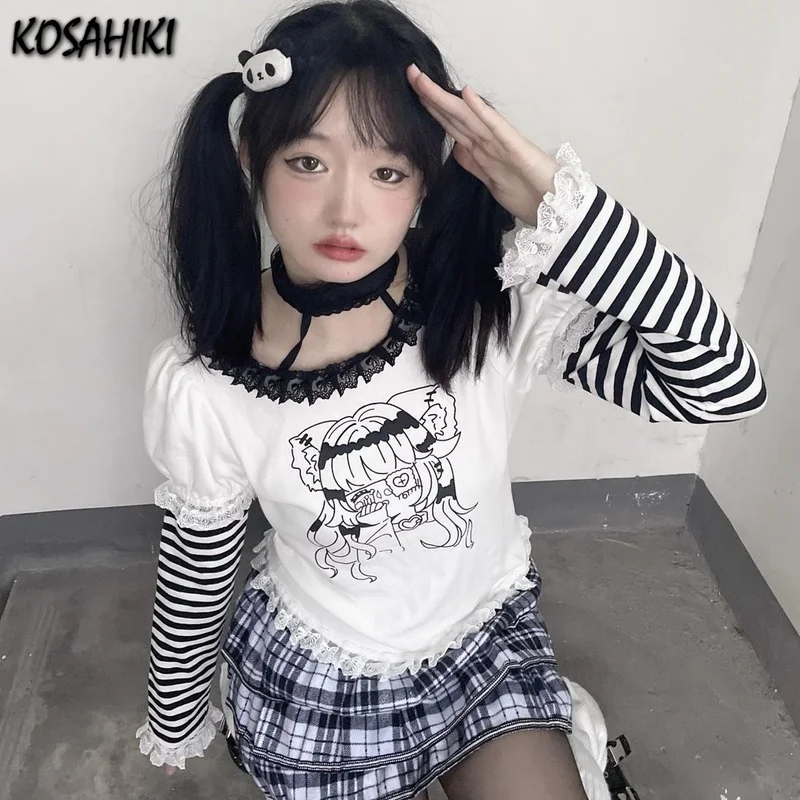 KOSAHIKI Japanese Y2k Long Sleeve Fake Two Piece T-shirt Women Cartoon Print Kawaii Tee Shirts Femme 2022 Harajuku Gothic Tshirt | Женская