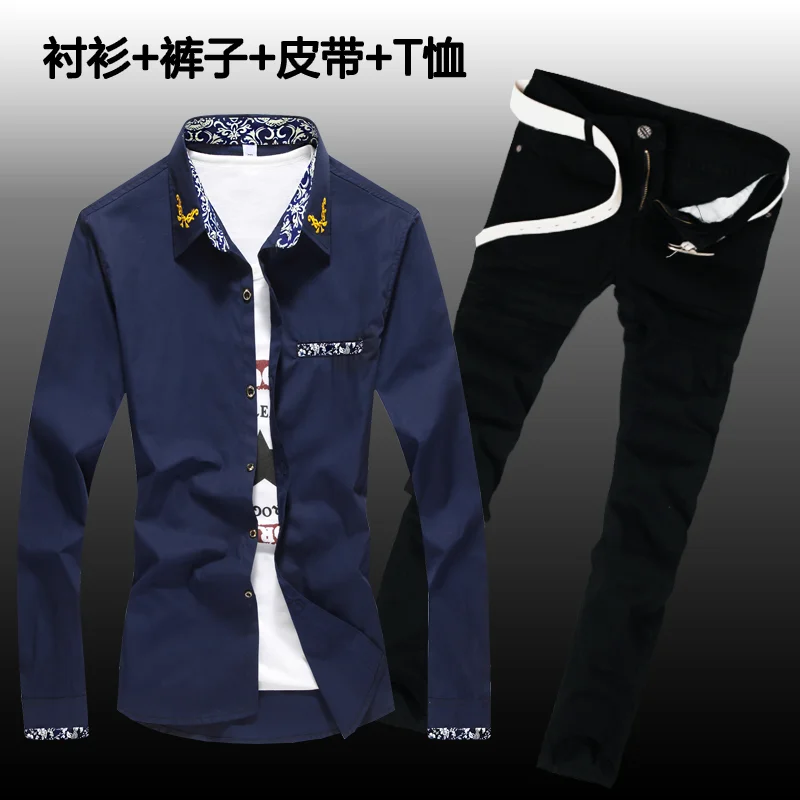 Halozeroo New Men's Cotton Blends Shirt Long Jeans Pants 2pcs Set Printing Collar Long Sleeve Shirts Men Clothing Casual Style Z Halozeroo New Men's Cotton Blends Shirt Long Jeans Pants 2pcs Set Printing Collar Long Sleeve Shirts Men Clothing Casual Style Z