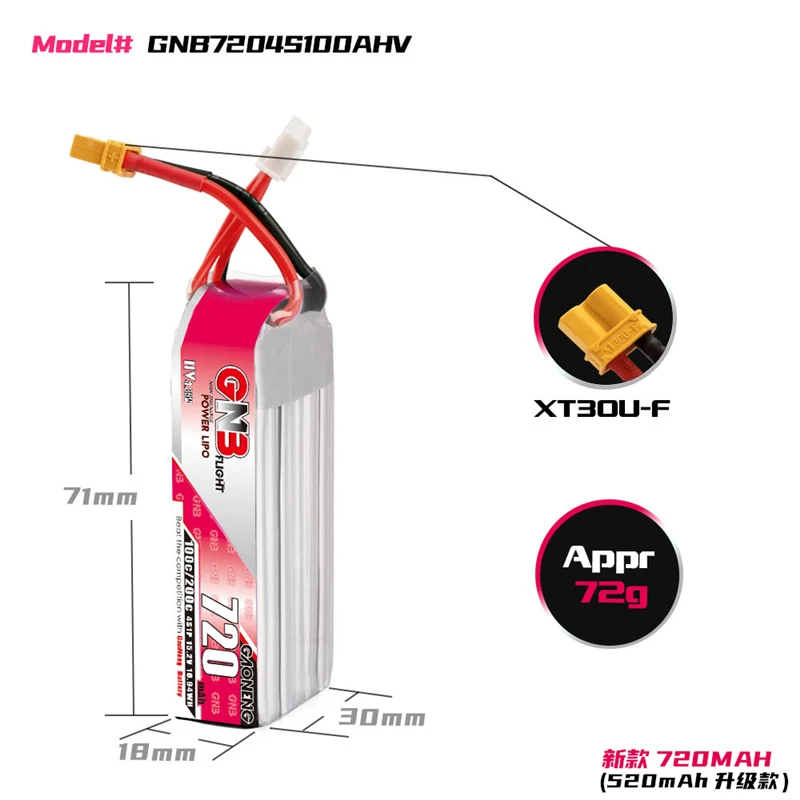 GNB 720mAh 4S 100C 15.2V HV XT30 Plug Lipo Battery Connector for RC FPV Racing Drone Tinywhoop Frame Kit Tinywhoop Spare Parts replacement lithium battery