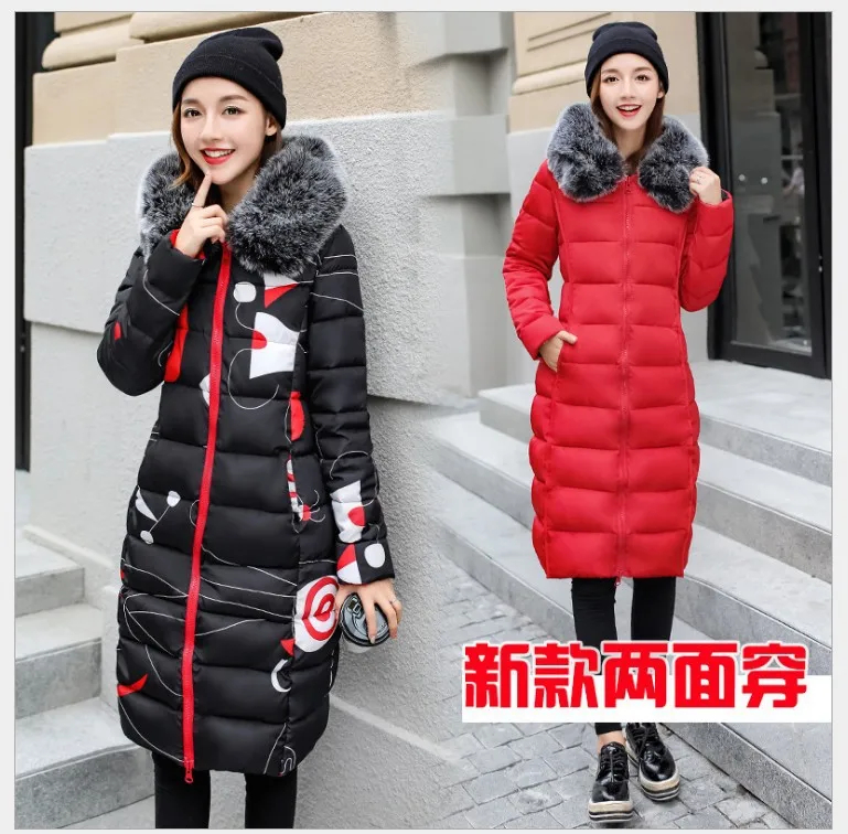 

2019 Winter New Style Fashion Korean-style Mid-length Reversible down Jacket Cotton-padded Clothes Warm Hooded Large Fur Collar