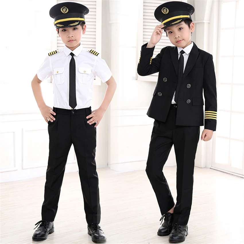 

90-160cm Kids Pilot Costumes Carnival Halloween Party Wear Flight Attendant Cosplay Uniforms Children Aircraft Captain Clothes
