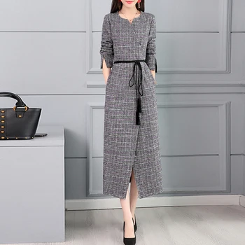 

Elegant Women's Dress Brit Graphics Mid-Calf Dress Long Sleeve Retro Spring Korean Japanese Plaid Office Ladies Split Dress