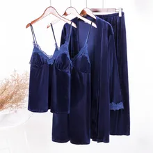 Женский вечерний комплект с платьем, 4 предмета, Золотая Бархатная одежда для сна, зимний халат, комплект, сексуальный халат, теплая Домашняя одежда, ночное белье, Удобный домашний костюм