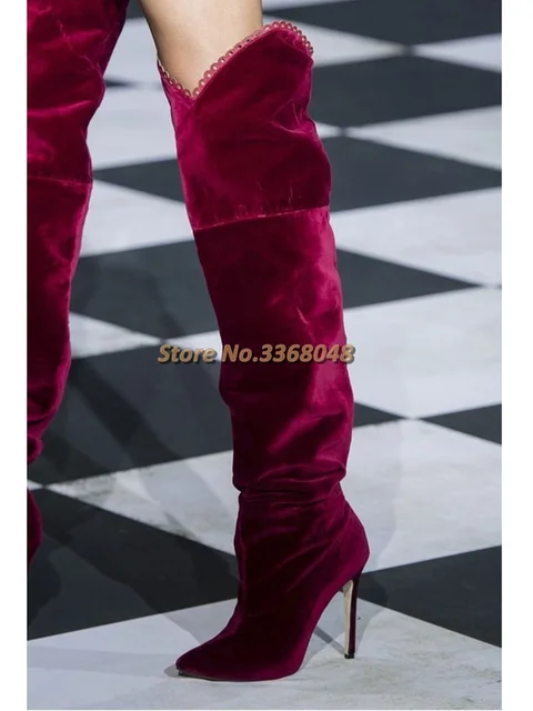 Botas altas hasta el muslo de terciopelo Burdeos para mujer, botines largos  de ante con punta puntiaguda, tacón de aguja fino Hihg, pasarela, Invierno| Botas sobre la rodilla| - AliExpress