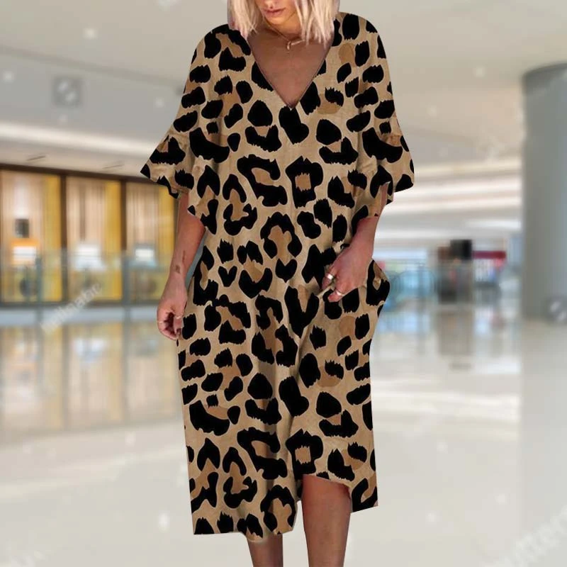 New Summer Fashion Women Loose Boho Elegant Dress Large Big Party Ruffle Sleeve Leopard Print Dresses Plus Sizes jumper dress
