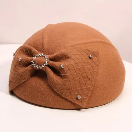 Classic Big Bow Women Beret Cap Rhinestone Fedora Hat Red Camel Grey Elegant Ladies Autumn WInter Pure Wool Stewardess Cap - Цвет: Dark Camel
