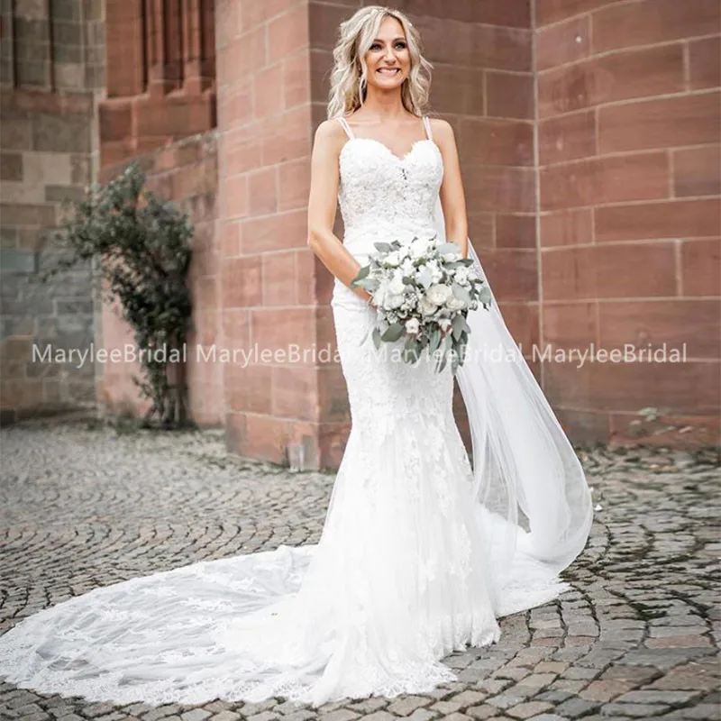 Новинка Vestidos de Novia, свадебное платье с вышивкой, кружевное платье русалки,, свадебные платья на тонких бретельках с часовым шлейфом размера плюс по индивидуальному заказу