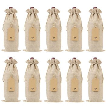 

Burlap Wine Bags Wine Gift Bags with Drawstrings, Single Reusable Wine Bottle Covers with Ropes and Tags (10 Pcs)
