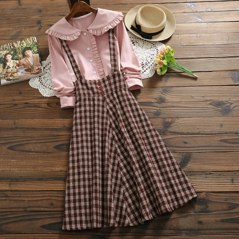 2024 Autumn Women Two piece set Casual Long Sleeve Cotton Shirt Tops + Long Plaid Skirts Womens Suit Set 2 Piece Set Women