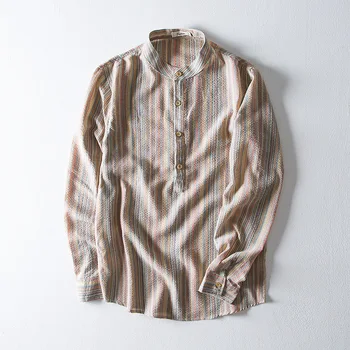 

BOBO 2020 Men Spring New Style Cotton Linen Yarn Dyed Color Stripes Shirt Youth Pullover Stripes Long Sleeve Stand Collar Shirt