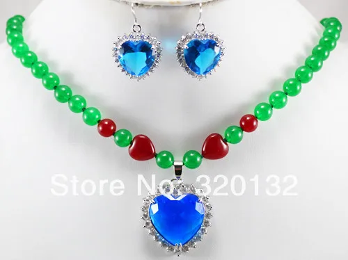 FREE SHIPPING&gt&gt@&gt 8MM Green Jade necklace Sky Blue crystal Pendant Drop earring Jewelry set Silver gold plated Jeweller | Украшения и
