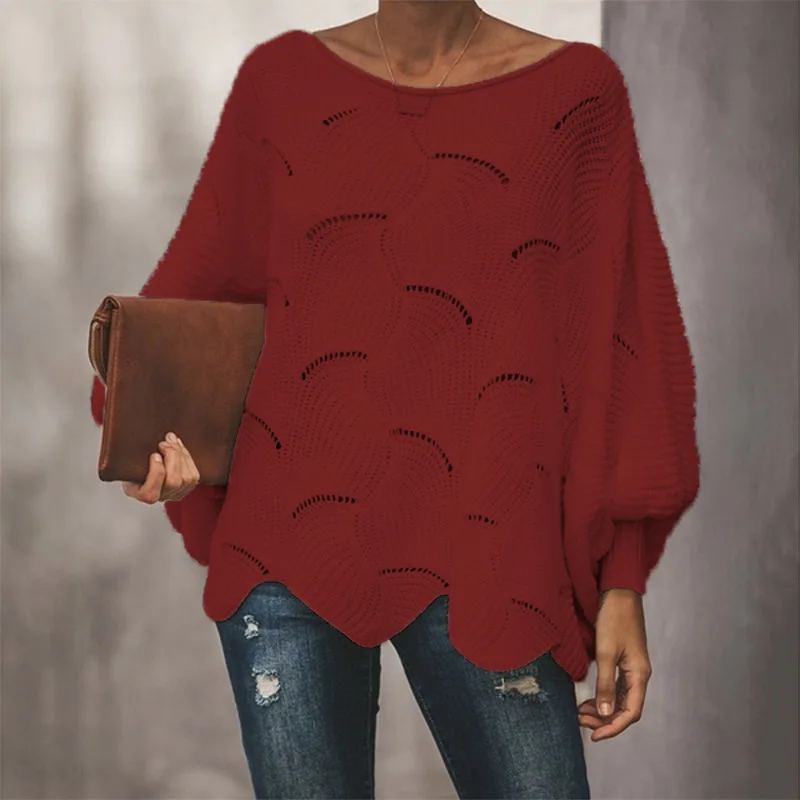 Women Loose Sweater Cloak Casual Oversized Soft Lantern Sleeve Hollow Out Pullovers Knit O Neck Wave Hem Solid Female Sweaters