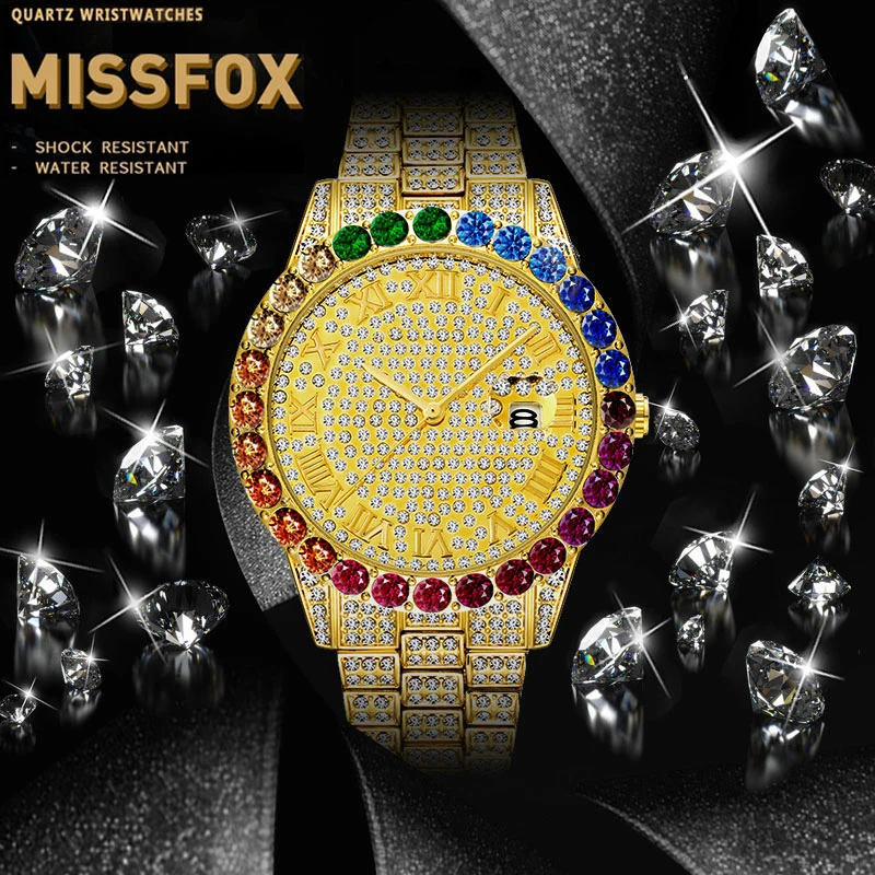 

Dropshipping MISSFOX Datejust Roman Numeral Watch 18k Yellow Gold Japan Movement Watch Men Rainbow Diamond Quartz Wristwatches