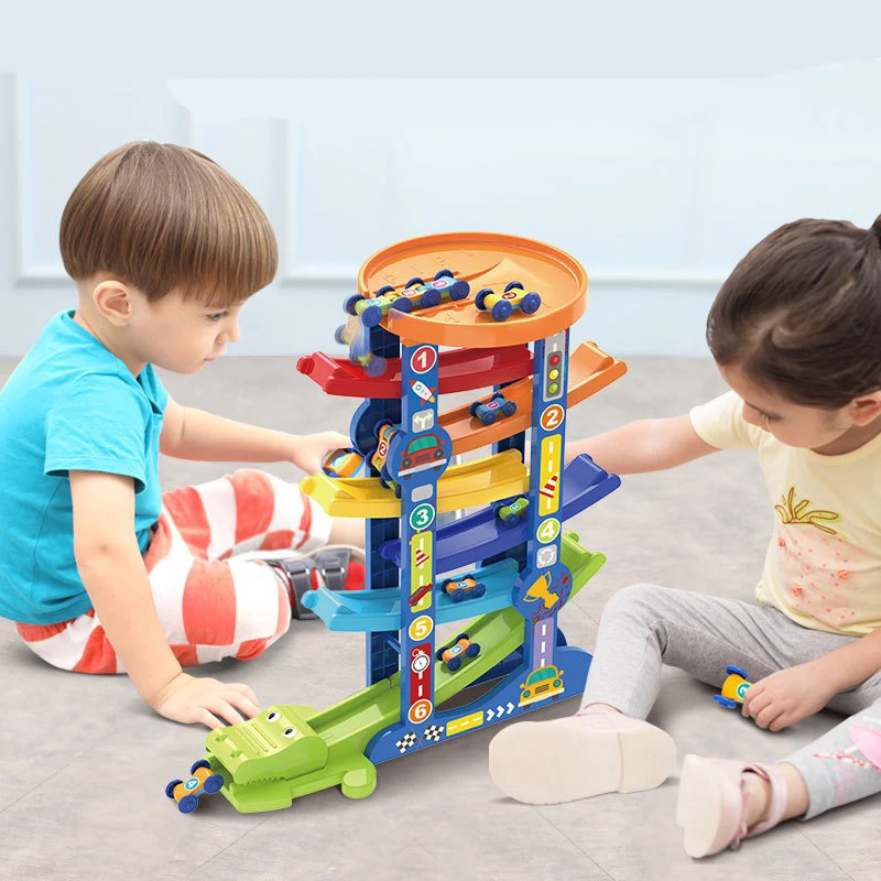 

Wooden Train Toy 7-story ramp Track And 6 Mini Inertia Car Sliding Toy Vehicles And Baby Walker Motor Skills Development