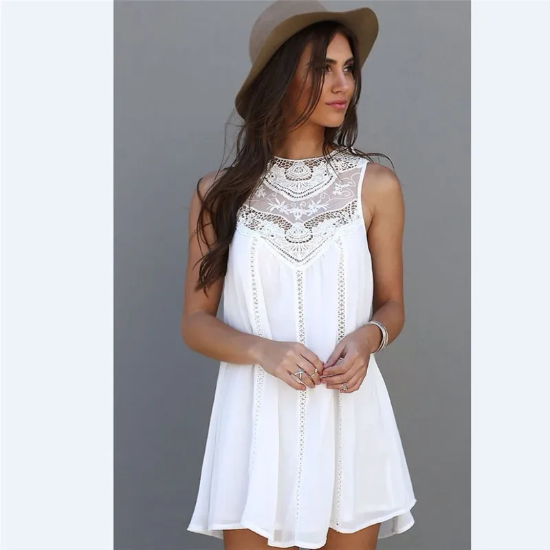 

Casual Women Mini Dress Kimono Cardigan White Loose Short Beach Dresses For Women Sleeveless Lace Dresses Female Beach Cover Ups