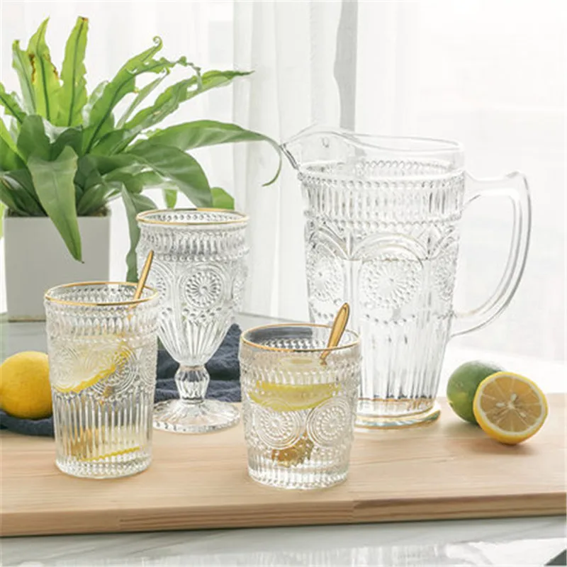 

Vintage Embossed Gold-rimmed Glass Mug Wine Glass Creative Flower Transparent Heat Resistant Water Cup Couple Christmas Gift