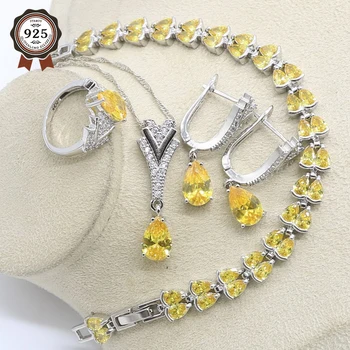 

Long Earrings Silver 925 Yellow Topaz Wedding Jewelry Sets For Women Necklace Ring Pendant Bracelets Gift Box