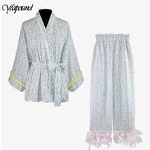 Женские костюмы Новое поступление кимоно куртка цветочный принт с перьями рукава из двух частей широкие брюки винтажные костюмы