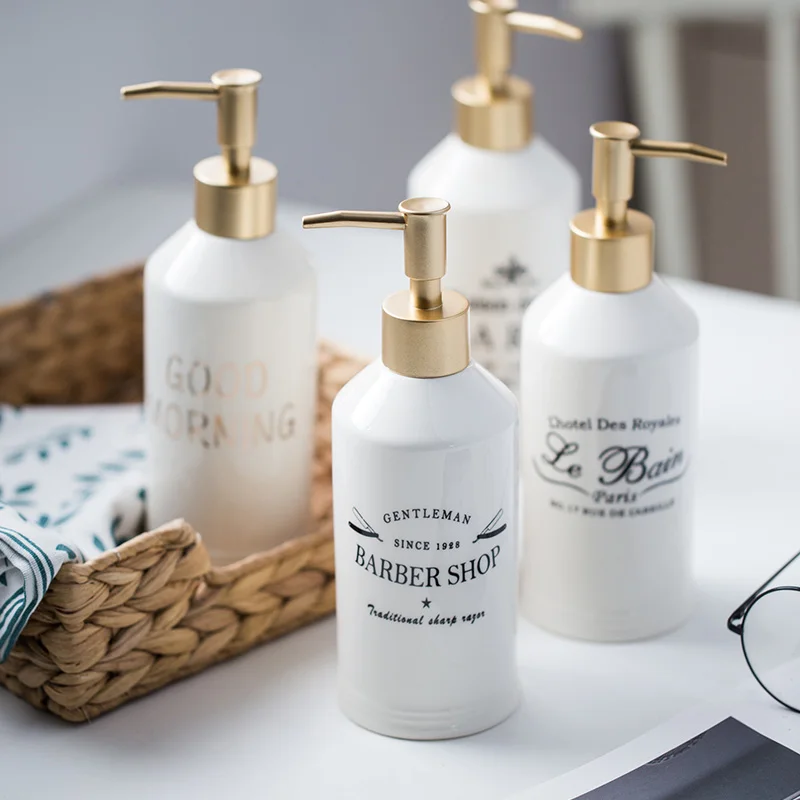 

Bathroom Decoration Ceramic Emulsion Sub-bottle Pressing Empty Bottle Hotel Hand Sanitizer Shampoo Conditioner Hair Bottle