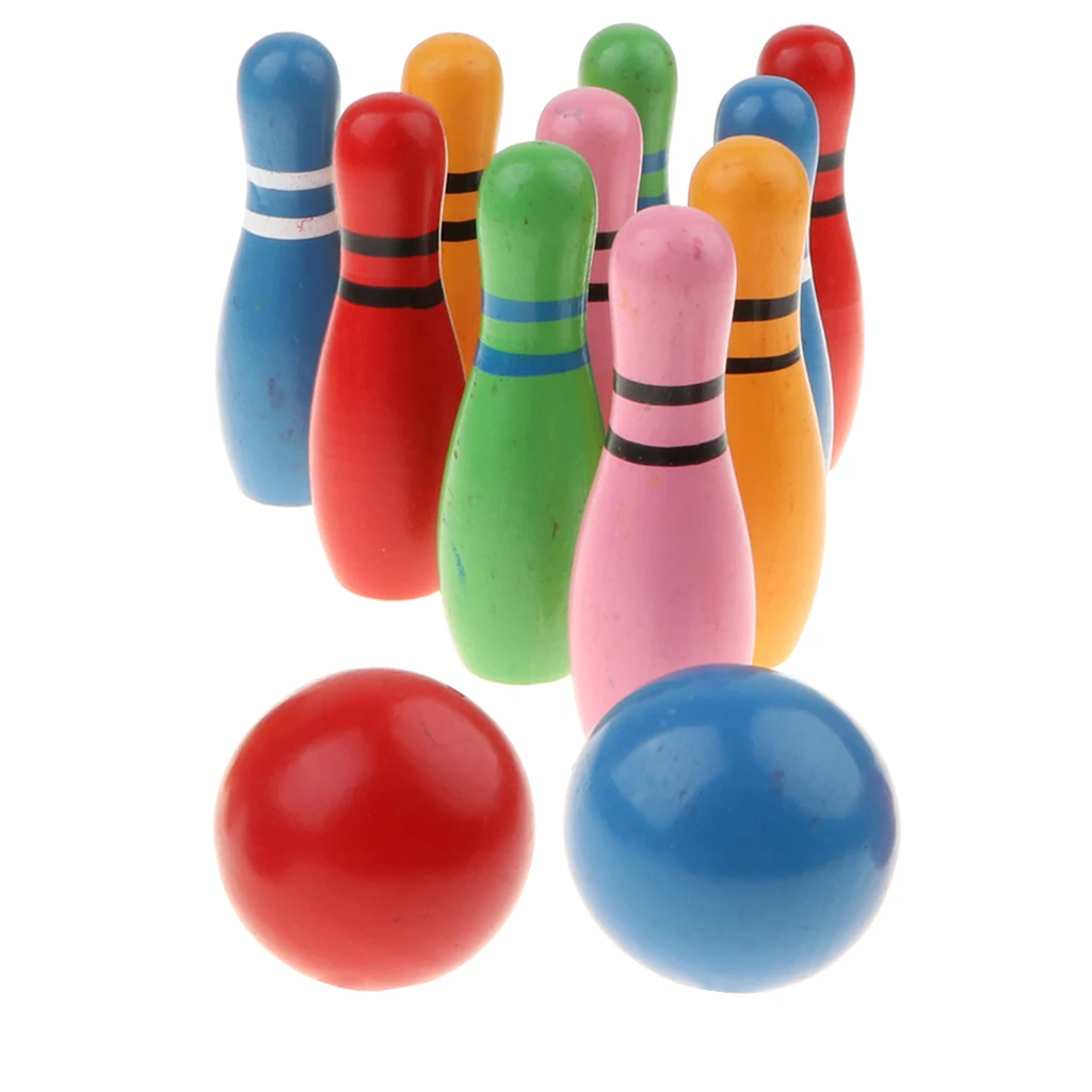 Fun Kids Child Colored Wooden 10 Pins 2 Balls Bowling Set Skittles Game Toys