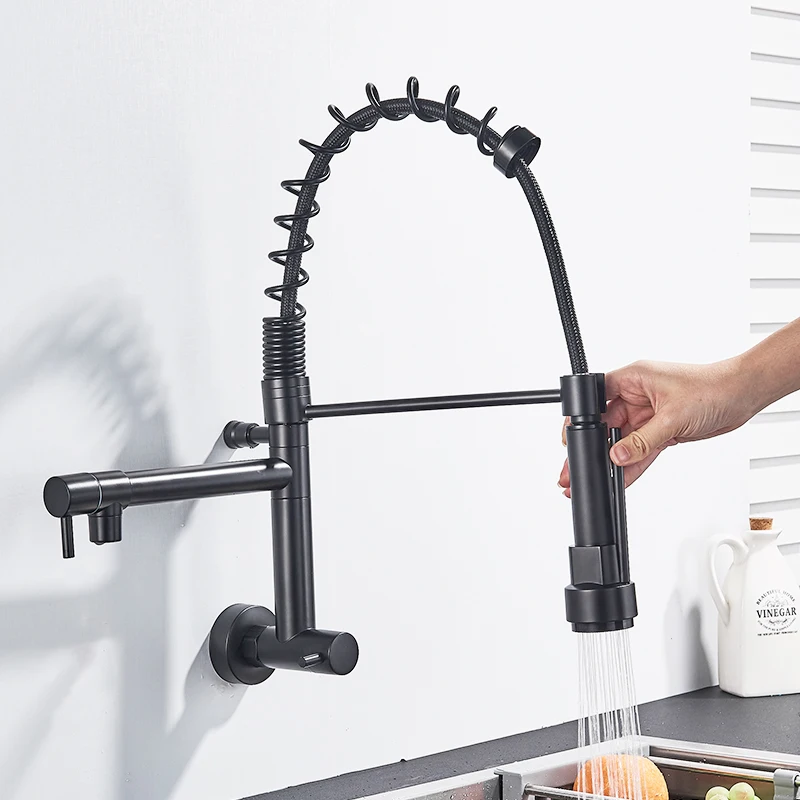 Kitchen Faucets Rozin Matte Black Pull Down Single Cold Water Dual Spouts 4 Colors Wall Mounted ABS Nozzle Crane