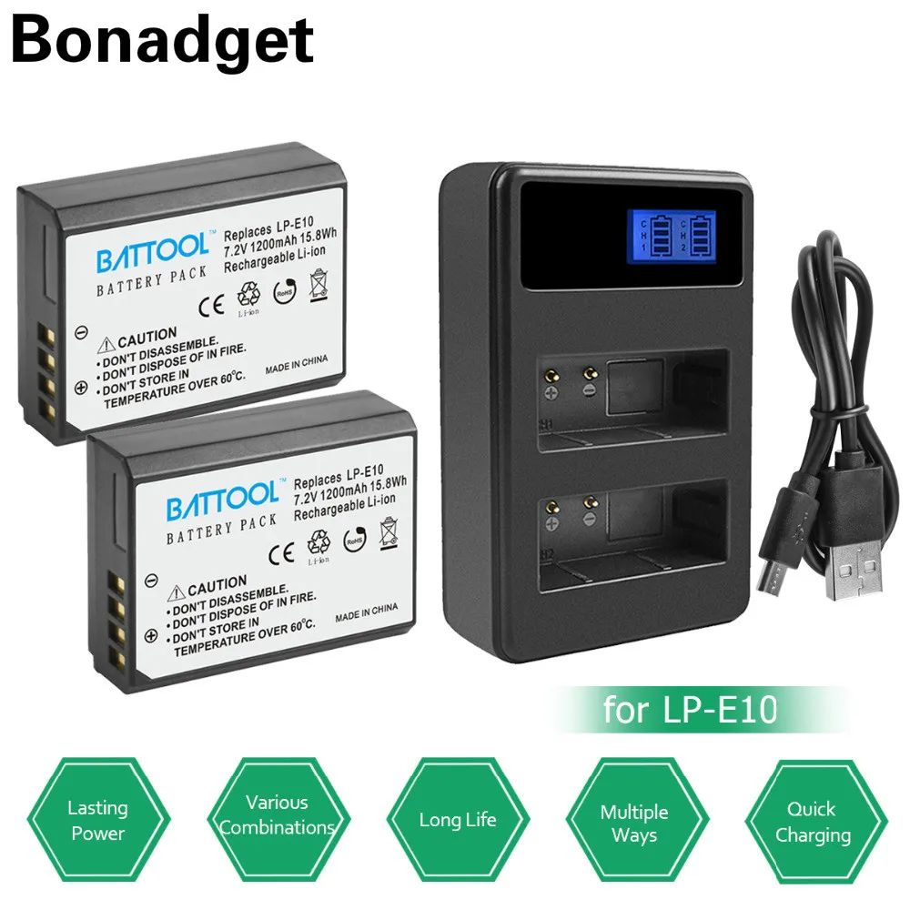 BATTOOL 1200mAh LPE10 LP E10 литий ионная батарея + ЖК двойное зарядное устройство для Canon Rebel T3