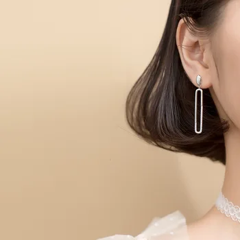 

925 Real. Sterling Silver Fine jewelry cz HOLLOE Oval Geometric dangle earrings long GTLE2764