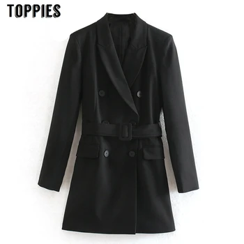 

2020 Spring Black Long Balzer Jacket Women Double Breasted Suit Jacket Office Lady Formal Balzer