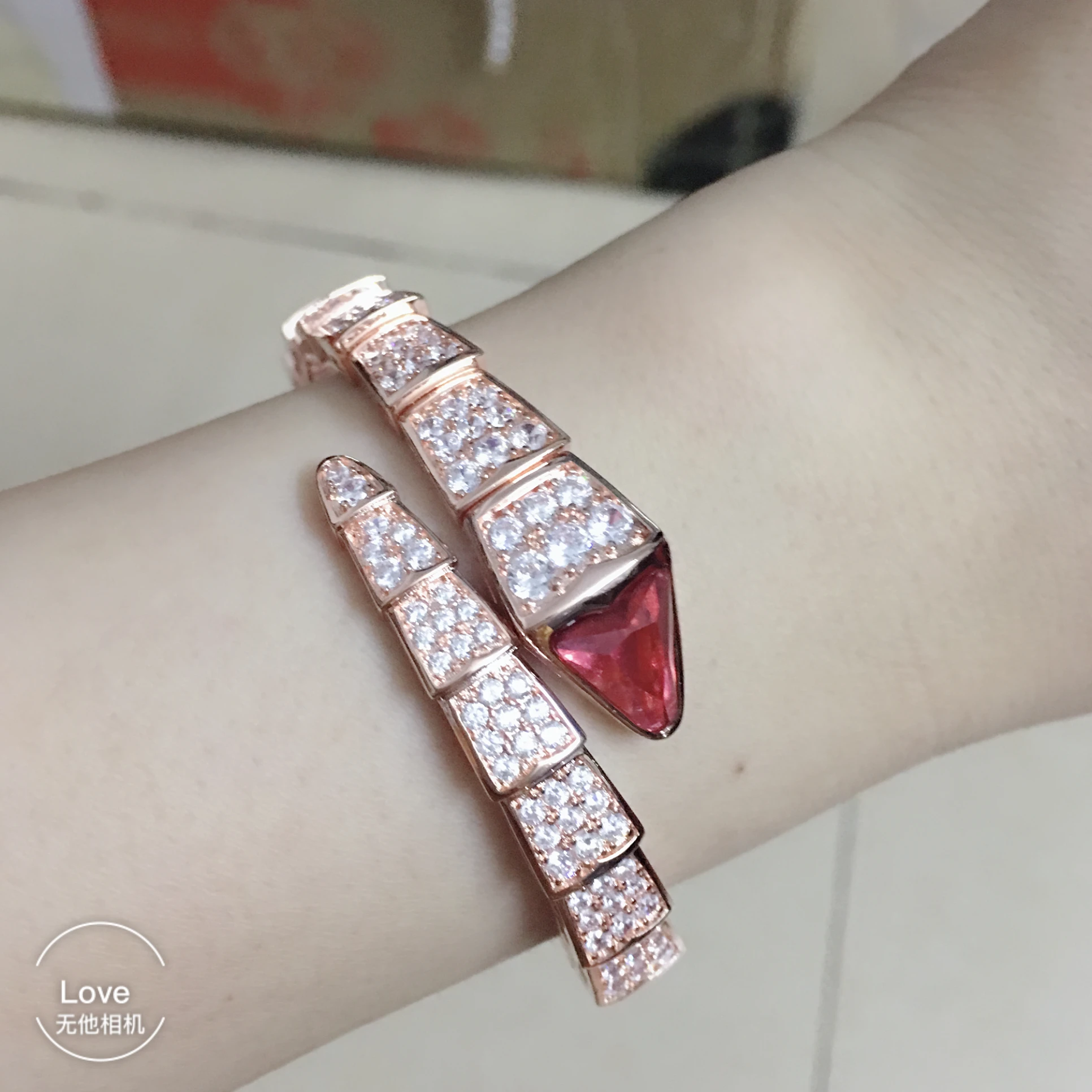 

Designer fashion 925 sterling silver 3A cubic zirconia snake bracelet rose gold red stone bangle