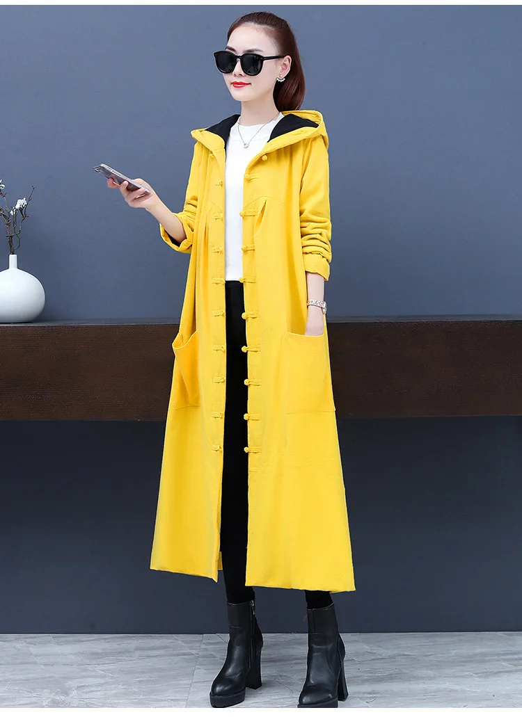 Ретро Национальный Ветер Чистый хлопок Женская Пыльник пальто осень и зима длинный матовый и толстый лягушка пальто свободного кроя для улицы