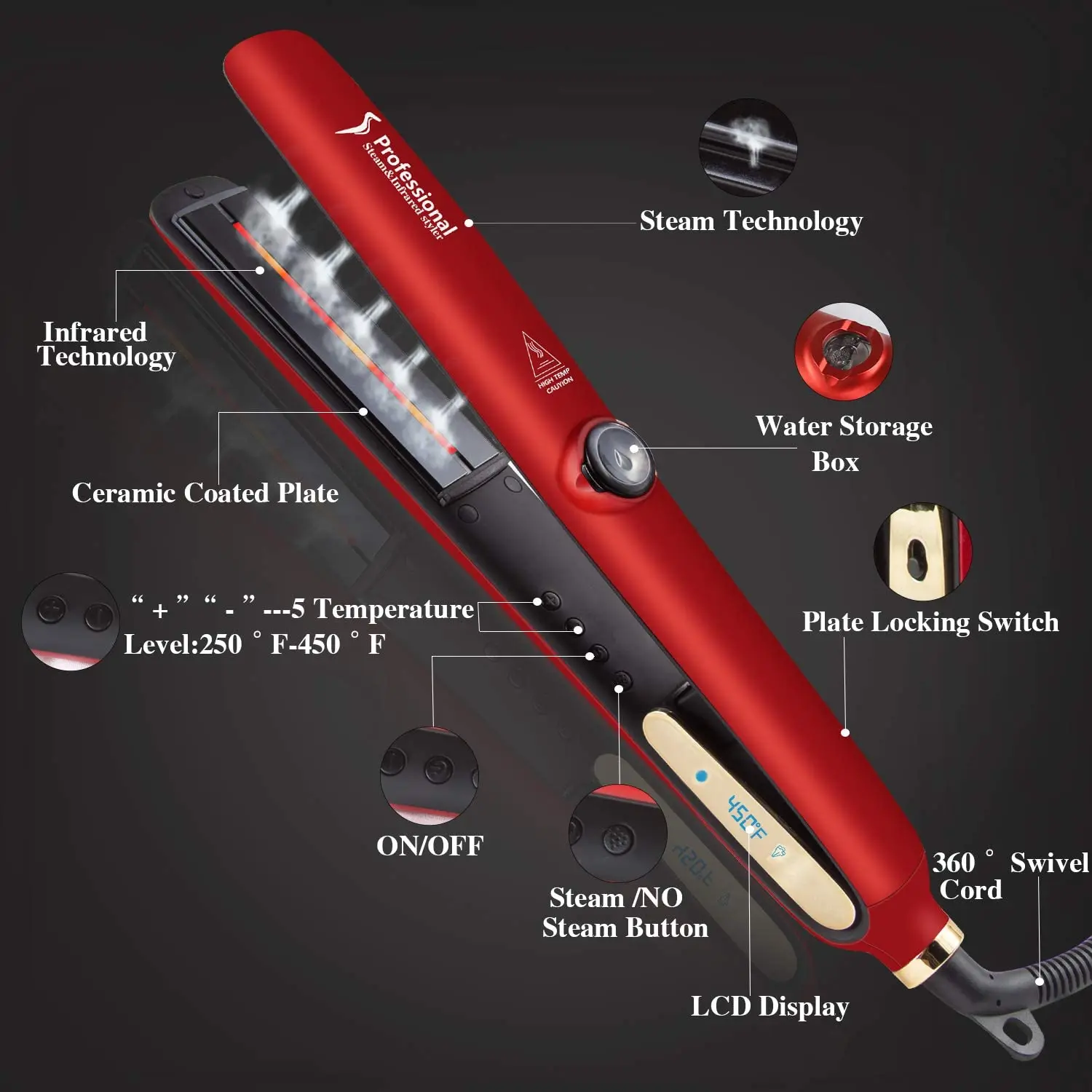 Alisador de Vapor Cuidados com o Cabelo 2 em 1 Profissional Cerâmica Turmalina Vapor Flat Iron Display Led Alisamento Curling Ferro Ferramenta 12 flat iron display led 2 em 1
