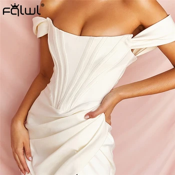 

FQLWL Off Shoulder Pleated Sexy Bodycon Dress Women Split Backless White Black Wrap Short Dress Ladies Summer Party Mini Dresses