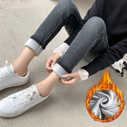 Inverno grosso mais de veludo das mulheres cintura alta jeans magros simples velo quente magro ajuste estiramento senhoras casual denim lápis calças