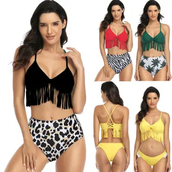 

Swimming Suit For Women Push Up Padded Brazilian Bikinis Floral Padded Tassel Swimsuit Swimwear Beach 2020 Summer Bathing Suit