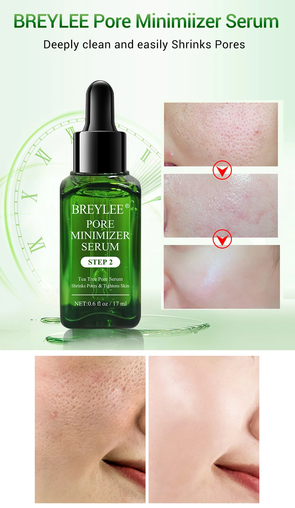 BREYLEE Shrink Pores Serum Pore Tightens Refining Moisturizing Essence Whitening Anti-aging Oil Control Facial Essence Skin Care