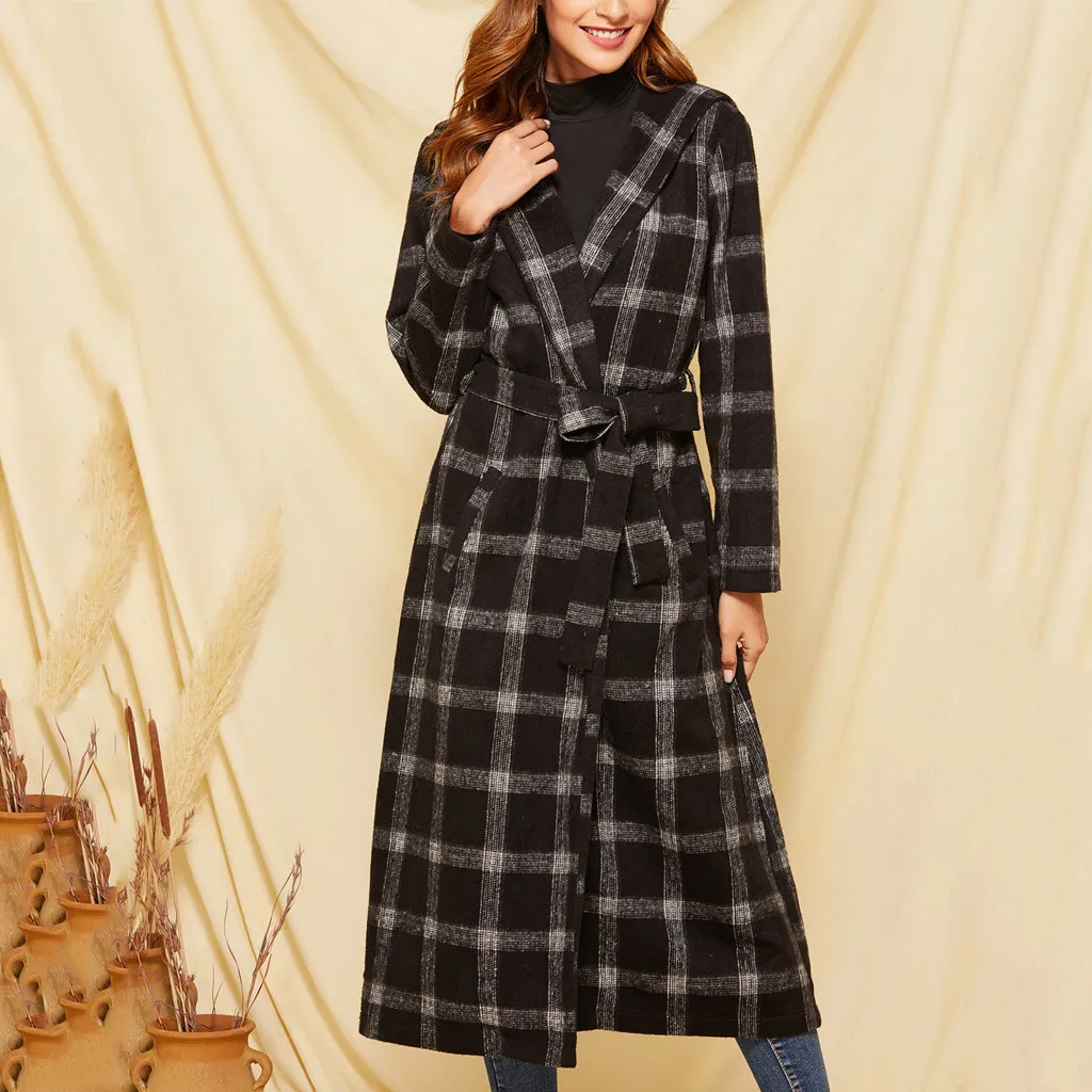 Осенне-зимнее Новое Женское повседневное шерстяное пальто, женское винтажное шерстяное пальто средней длины, классическое клетчатое пальто-Кардиган большого размера