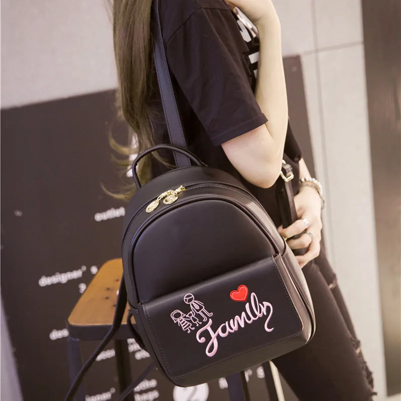 Female small backpack bag black color letter printed leather school bags for girls PU leather women plecaki damskie 2020