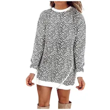 Vestido de Patchwork de leopardo para mujer Casual suelto de manga larga sudadera Jersey vestidos 2019 Otoño Invierno camisa de mujer vestido de verano(China)