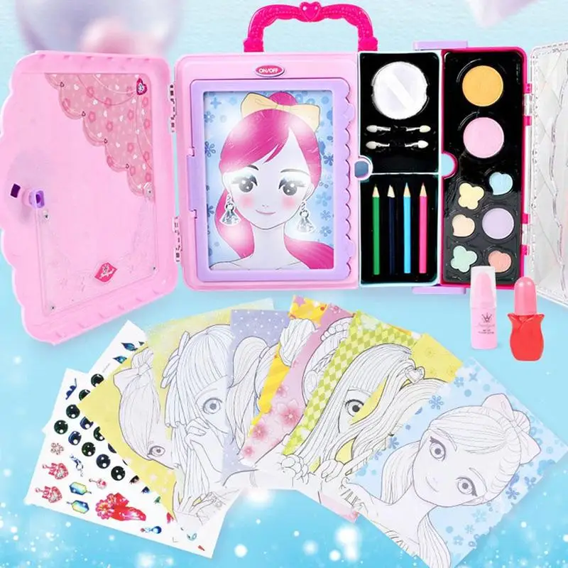  Girls Lighting Painting Board Makeup Box Toy Multi-function Portable Safety Beauty Pretend Play Chi