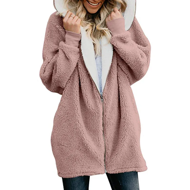  New Women Hoodies Zipper Girl Winter Loose Fluffy Hoodie Hooded Jacket Long Warm Outerwear Coat Cut
