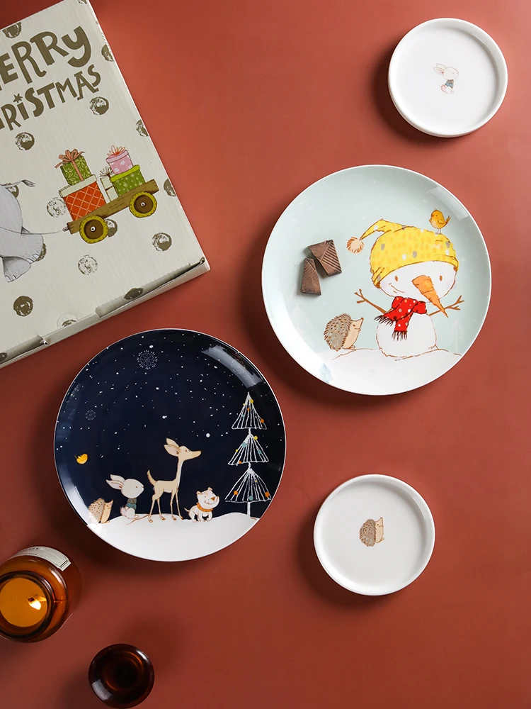 

merry Christmas 2 plate set gift box 8 inch ceramic plates snowman bone China in glazed decoration round dishes and plates
